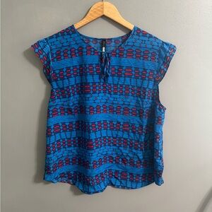 Tracy Reese Blue and Red Flutter Sleeve Blouse